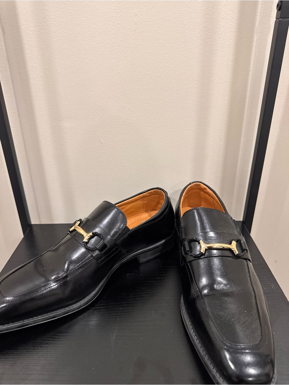 Stacy Adams Black Leather Slip-On Loafers with Gold Bit